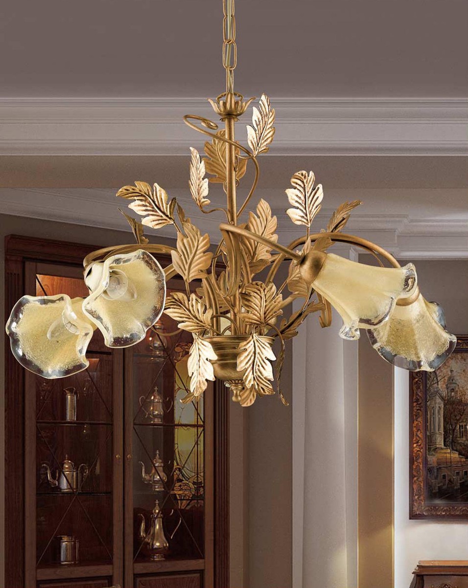 Chandelier with 5 lights Wrought iron Murano glass Gold leaf
