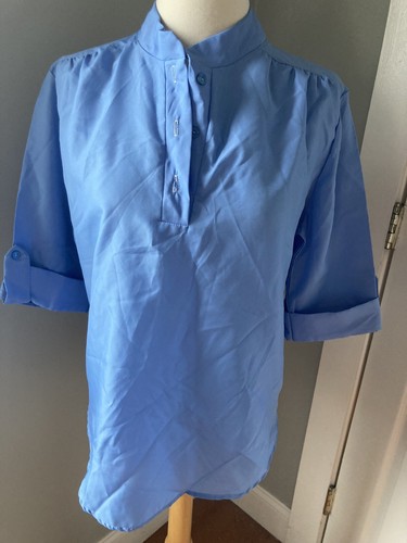 L 48 Pretty Blue Scrub Top Uniform Band Collar Placket Tab-Sleeve Vtg 80s Shirt - Bild 5 von 11