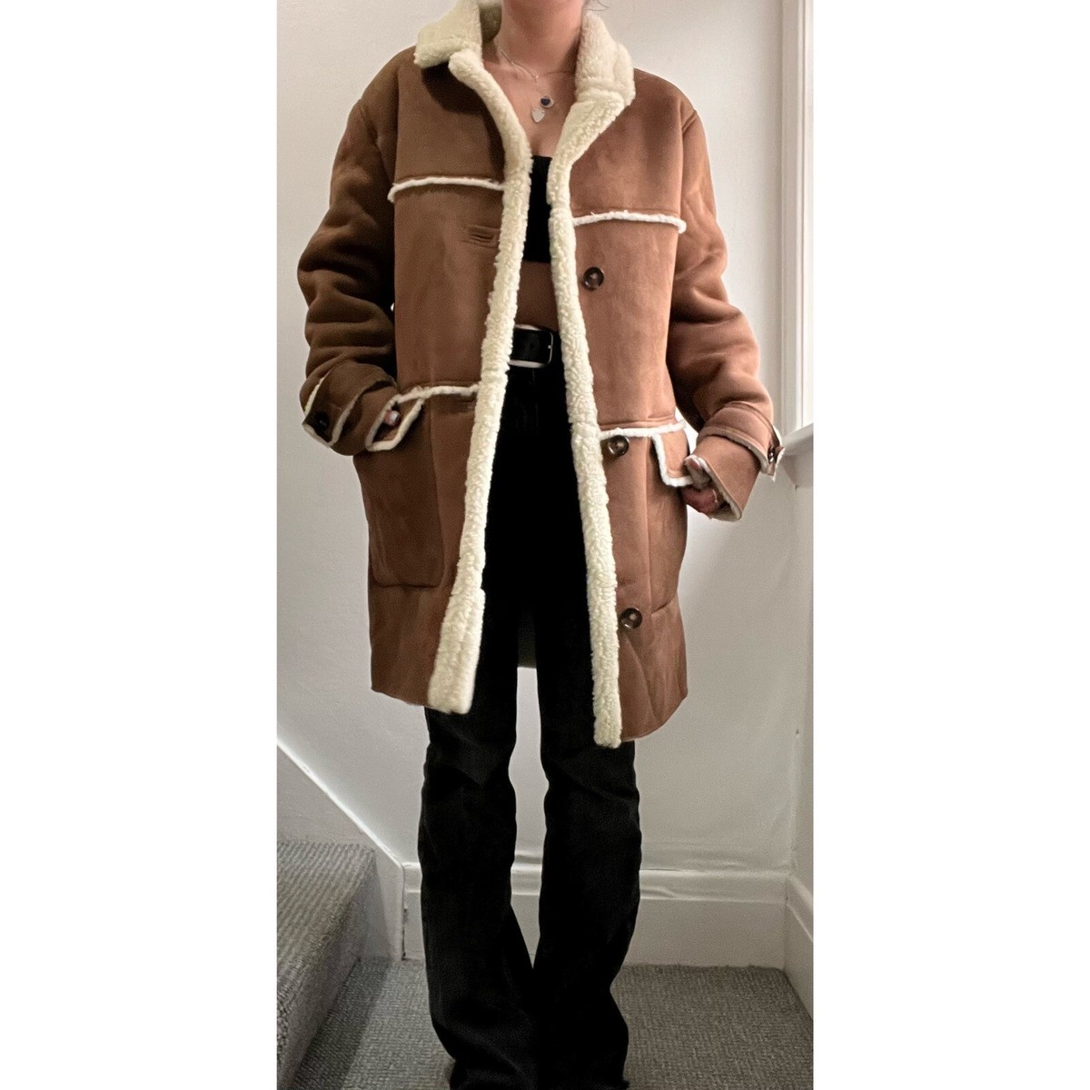 New With Tags River Island Long Borg Lined Faux Suede Coat RRP £110