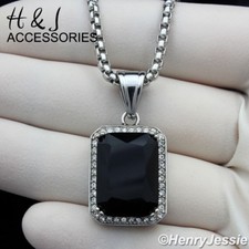 18-36"MEN Stainless Steel 3mm Silver Box Link Chain Black Onyx Pendant P98