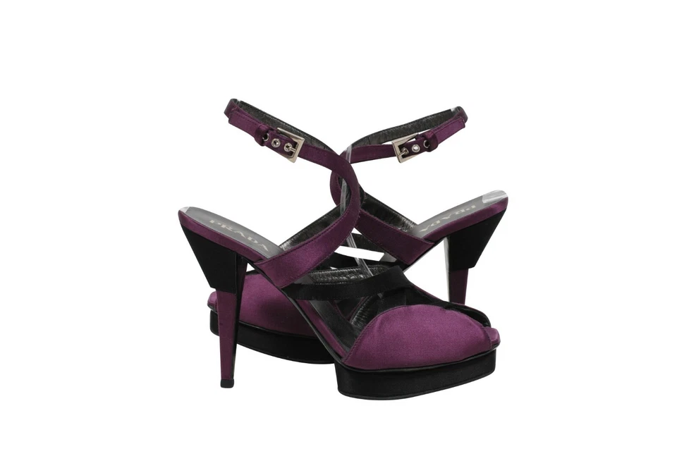 Sandalias Prada para mujer US8.5 38.5 púrpura violeta satinado punta abierta correa tacones bomba Foto 4 de 4