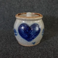 Rowe Pottery Works Salt Glazed Stoneware Crock with Lid Vintage Heart *READ