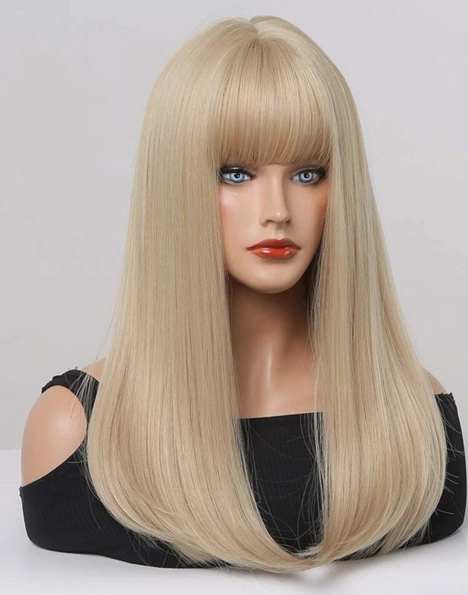 Perruque Synthétique Blonde Dorée Longue, Raide, Avec Frange - Bonnet Moyen, +1 Bonnet Offert, Neuf Sans étiquettes