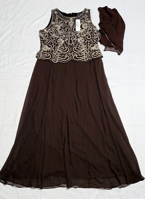 jkara scalloped beaded dress J Kara Women's Sleeveless Scallop Long Beaded Dress With Scarf Size 18  Chocolate