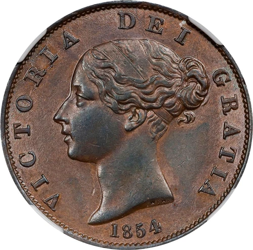 1854 GREAT BRITAIN QUEEN VICTORIA COPPER 1/2 PENNY S-3949 KM-726 NGC AU-55