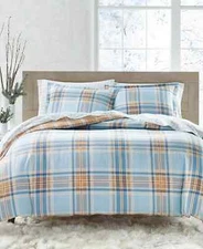 Charter Club 100% Cotton Flannel Duvet Cover Baby Blue & Orange Plaid King $200