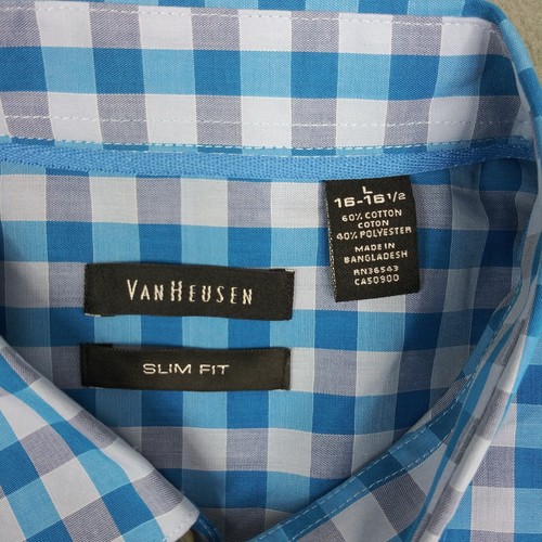 Van Heusen Slim Fit Button Up Shirt Mens Size 16-16 1/2 Large Blue Preppy Office - Picture 5 of 8