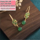 Green Jade Drop Dangle Earrings Boho Gemstone Leaf Design Hook 18K Gold Plated