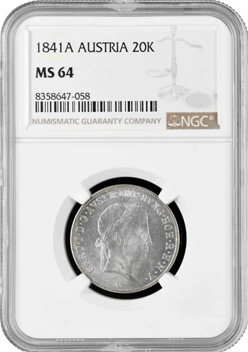 Austria 20 kreuzer 1841 A, NGC MS64, "Emperor Ferdinand I (1835 - 1848)"