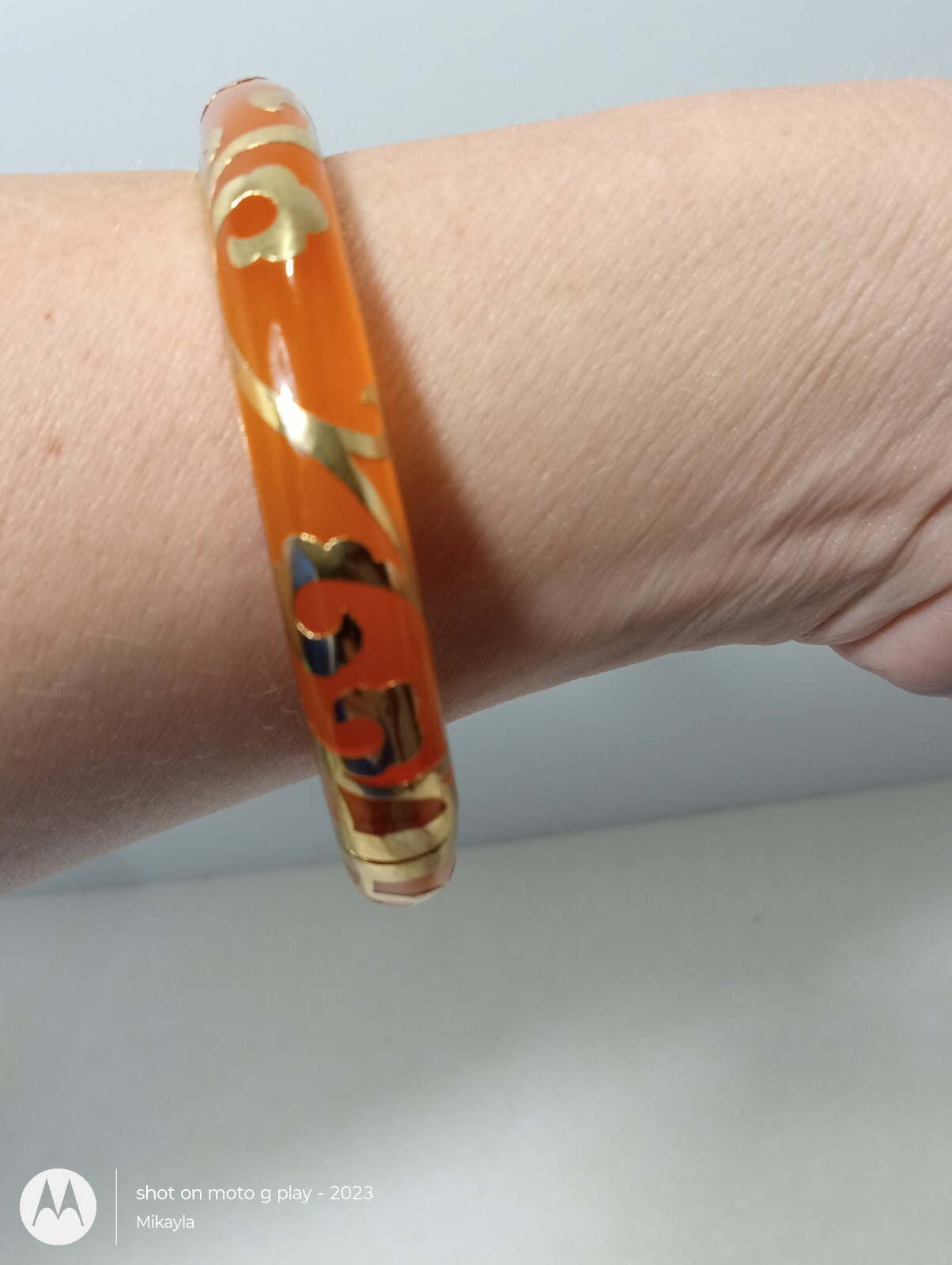 Orange Enamel Scroll Hinged Bangle Bracelet Gold … - image 2