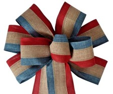 Patriotic Bow, Red Natural Blue Bow, Americana Wreath Bow, Wired, Several Sizes
