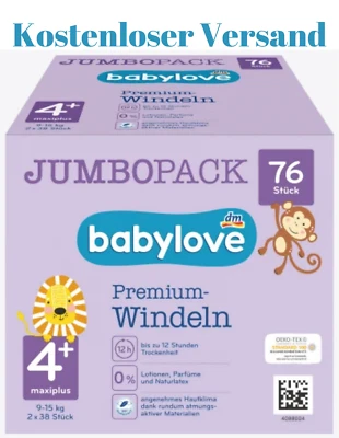 Babylove Windeln Premium Maxiplus Gr. 4+ Midi, 9-15 kg, Jumbo Pack, 2x36, 76 Stk