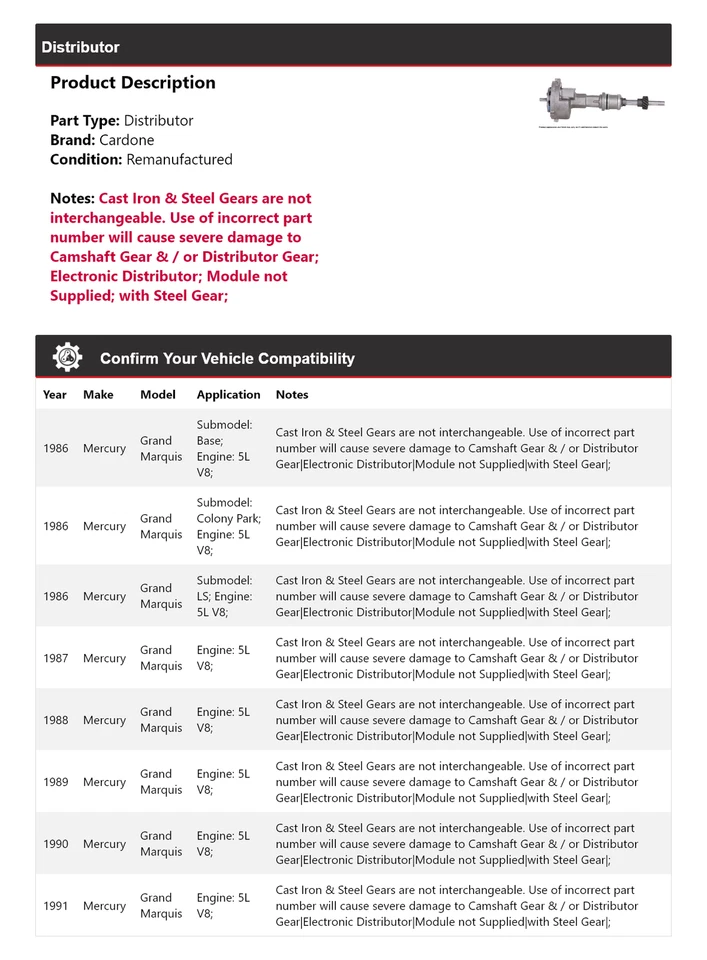 Para 1986-1991 Mercury Grand Marquis 5L V8 Distribuidor Cardone 1987 1988 1989 Foto 2 de 4
