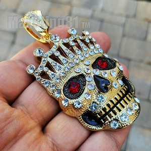 Authentic Gold Plated King Crown Skull Large Pendant & 16" 18" 20" Iced CZ Chain Necklace