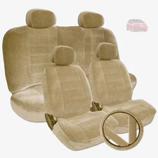 Premium Grade Beige Velour Fabric Car Seat Steering Covers Full Set for Honda
