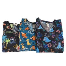 Lot of 3 Disney Womans Large Scrub Tops Stitch Simba Eeyore Nurse Vet Medical