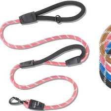 Pink 6 FT Heavy Duty Rope Dog Leash 2 Padded Handles Locking Carabiner