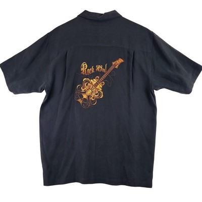 Luau 100% Silk Rock On Guitar Embroidered Herringbone Shirt Mens Medium Black