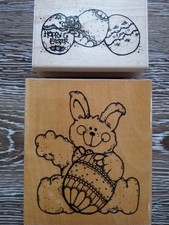 Lotto 2 Uova coniglietto primitivo pasquale blocco legno vintage timbro gomma creazione carte