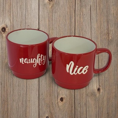 Naughty & Nice Mugs Red White Christmas Coffee Cups Set of 2 Holiday Table Decor