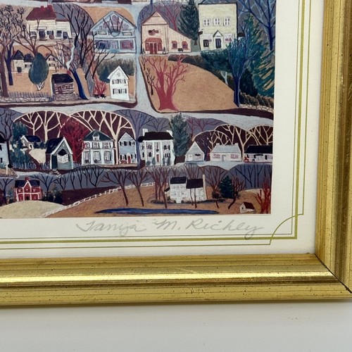 Vintage kleiner Kunstdruck von Tanya M. Richey gerahmt primitive Stadt signiert Volkskunst - Bild 3 von 11