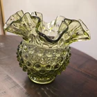 Vintage Fenton Glass Ruffled Rose Bowl Vase Hobnail Colonial Green 5" D 4" T