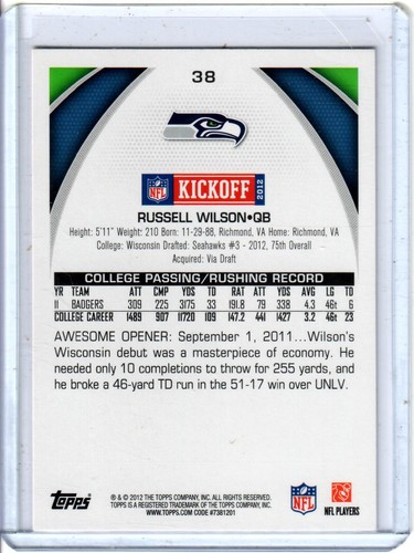 2012 Topps NFL Kickoff Russell Wilson Rookie RC - Picture 2 of 2