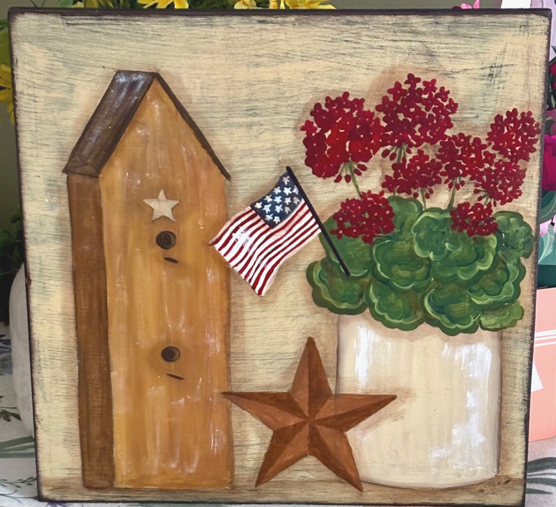 *~* HAND PAINTED CROCK OF GERANIUMS * BIRDHOUSE * FLAG * STAR *~* RECLAIMED WOOD