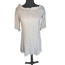 Soieblu women’s M cream open embroidered lace fringe rounded smock neckline mini
