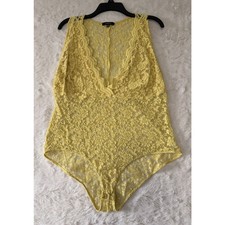 Ambiance Yellow Floral Lace Bodysuit Womens 2X Deep VNeck Sleeveless Snap Crotch