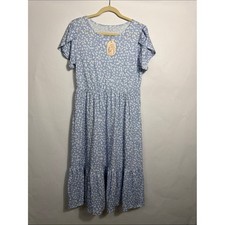 Light Blue White Spotted Tiered Flutter Sleeve Midi Dress M