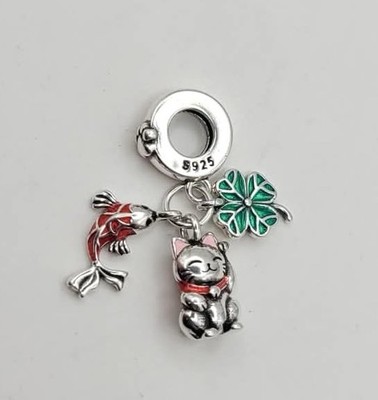 925 Sterling Silber Glücksbringer mit winkender Katze, Koi Fisch & Klee