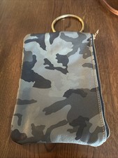 WELLFAIR Made In USA Camo Beige Leather Brass Bangle Handle Clutch Bag