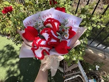 Handmade Crochet Red White Flower Bouquet 32×23cm Gift Decor