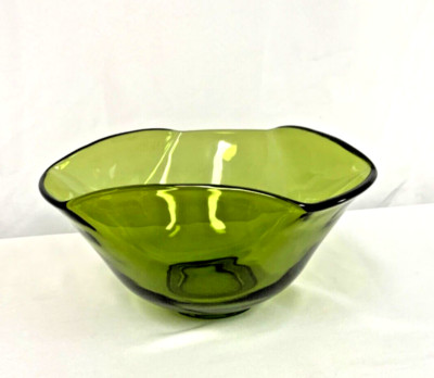 MCM Vintage Large Avocado Green Glass Salad Serving Bowl Crimped Folded Edge