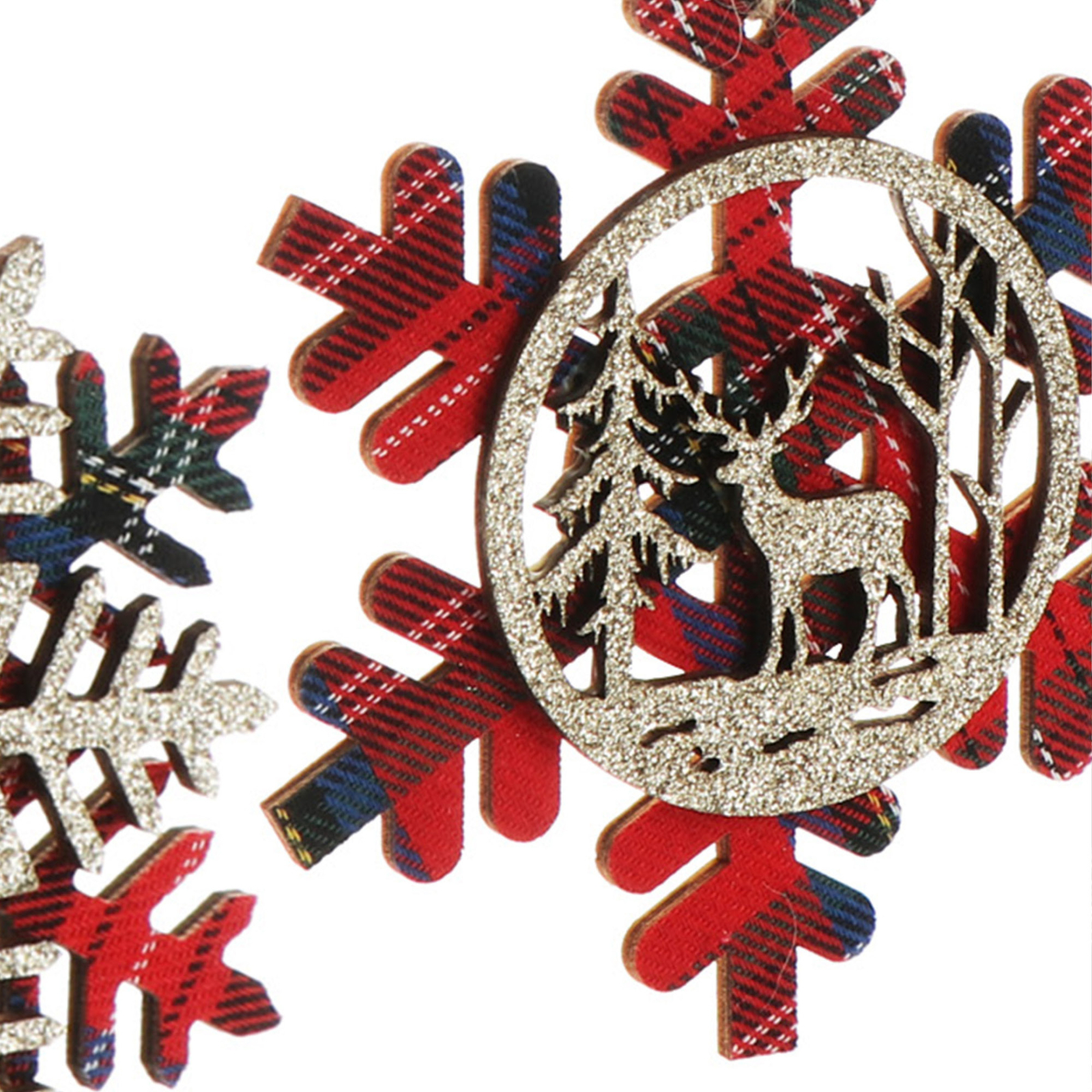 6x Tannenbaumschmuck Holzanhänger - Schneeflocke - silberfarbenrotblaugrün