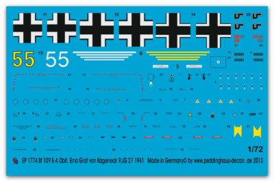 Peddinghaus-Decals 1/72 1774 Me 109 E-4 Oblt. Erno Graf von Kageneck 9/JG 27 194