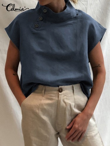 Blusa De Manga Corta De Algodón Y Lino Para Verano Camisa Holgada Moda Elegante - Foto 2 di 14