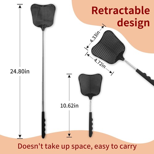 Fly Swatters 2 Pack, Durable Telescopic Stainless Steel Handle, Heavy Duty Black - Picture 3 of 7