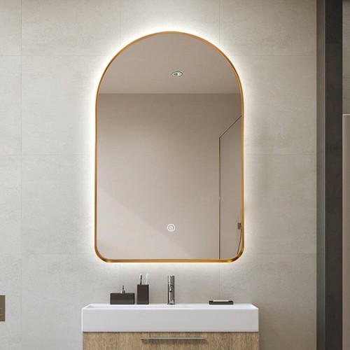 Arched LED Mirror Gold 90x50cm Bevel Backlit Dimmable Defogger Touch Sensor Glow - Picture 4 of 16