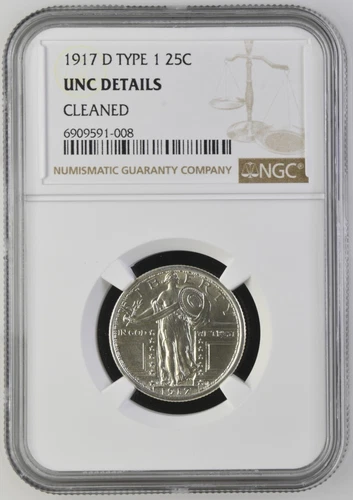 1917-D Type 1 Standing Liberty Silver Quarter 25c - NGC UNC Details Cleaned