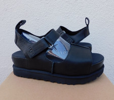 UGG BLACK LEATHER GOLDENSTAR HI PLATFORM SANDALS, WOMEN US 6.5/ EUR 37.5 NEW