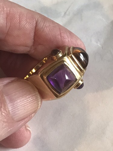 Amethyst & Citrine Cabochons Set In 18k Yellow Solid Gold Ring 13 Gr. Size 5.5 - Picture 17 of 20