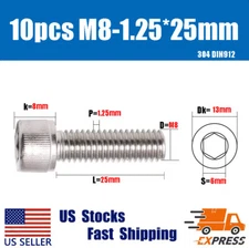 10PCS New M8 X 25mm 304 Stainless Steel Allen Hex Socket Cap Head Screws DIN912