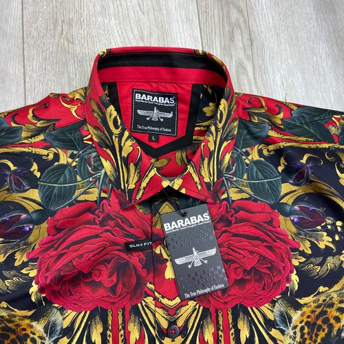 Barabas Shirt Mens Shirt Large Red Slim Tiger Roses Long Sleeve Button Up NEW - Picture 2 of 14