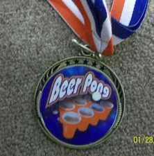 BEER PONG gold medal w/ full color insert, w/ red, white & blue ribbon