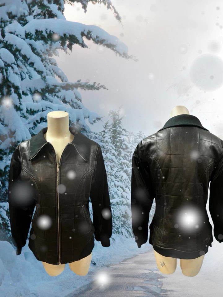 Express, mujer, chaqueta de cuero, negra, talla M, cremallera, manga larga, bolsillos, forro de nailon.!