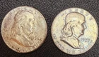 LOT 2 Uncirculated 90% Silver Franklin Half Dollars 1956 1957 Toned Free Ship NR