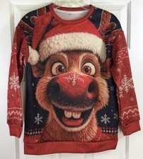 Reindeer Christmas Sweatshirt Womens M Funny Santa Hat Ugly Sweater