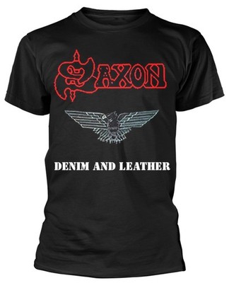 Saxon 'Denim & Leather' (Schwarz) T-Shirt (Back Print)
